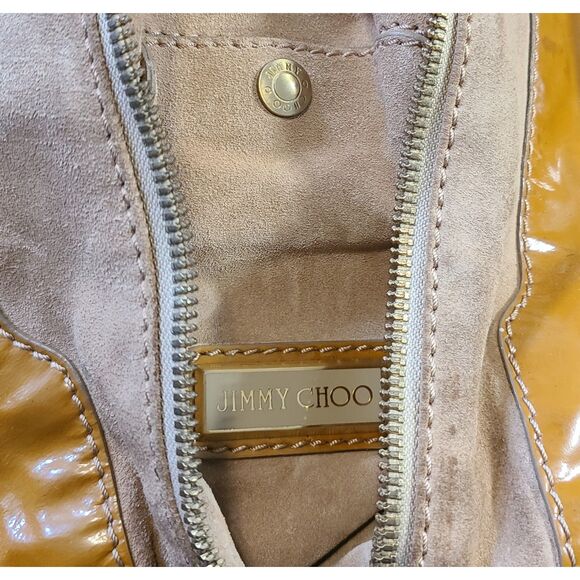 Jimmy Choo "Mandah" Camel Patent Leather & Suede Expandable Hobo Bag w/ COA - Picture 7 of 14